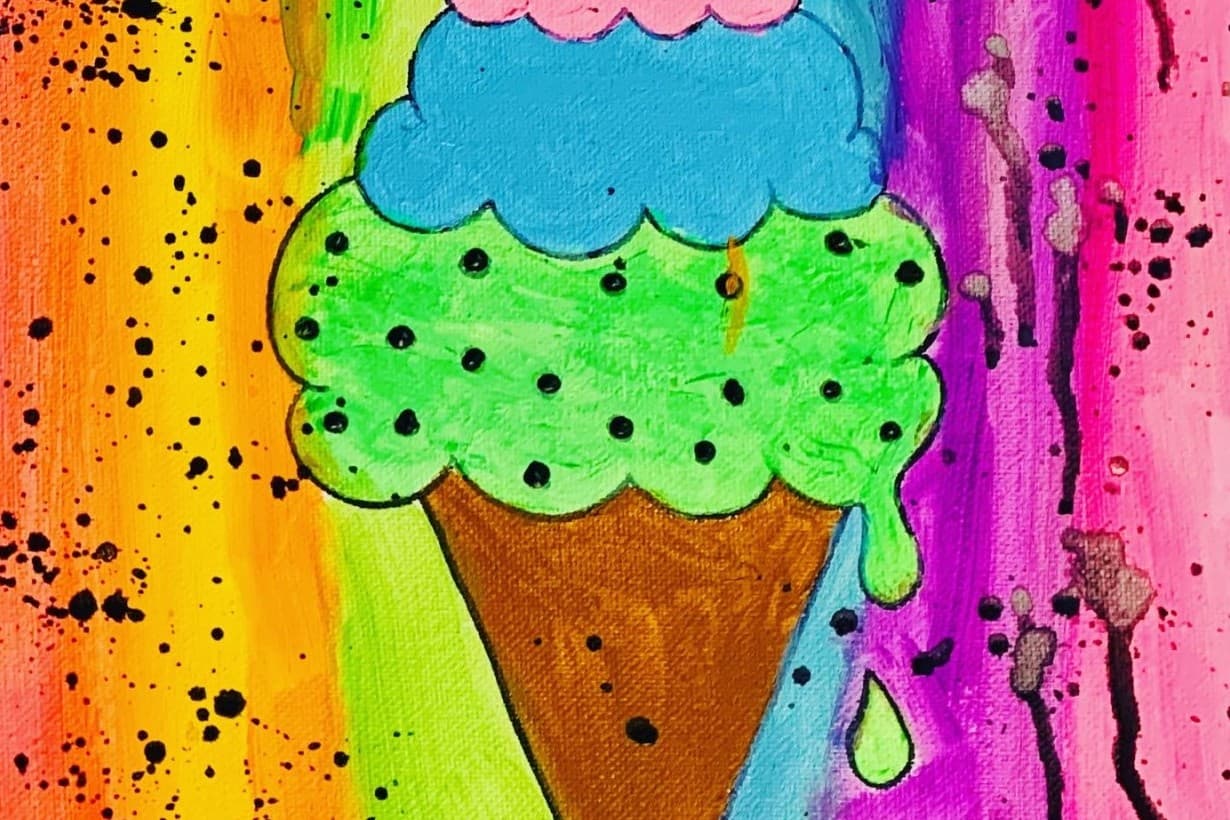 Colorful ice cream cone canvas painting with rainbow splatter background