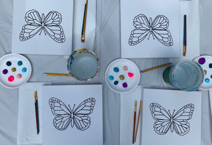 Four butterfly canvas sketches with paint palettes and brushes