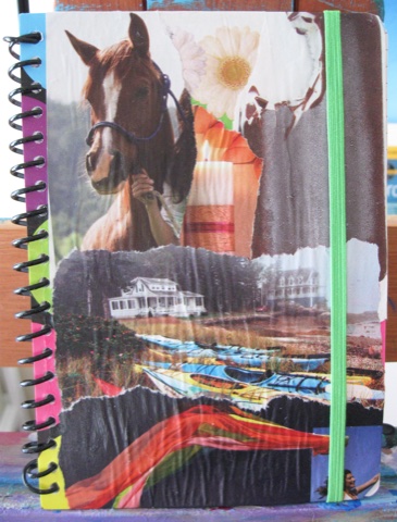 Art journal with magazine collage cover featuring torn paper images