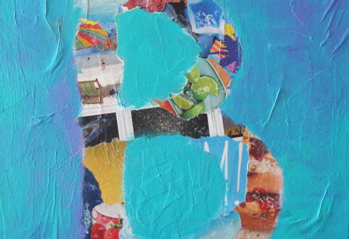 Letter B collage art on a teal painted canvas with magazine cutouts